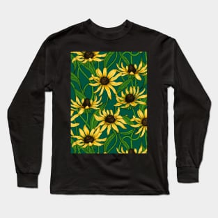 Yellow Rudbekia on dark green Long Sleeve T-Shirt